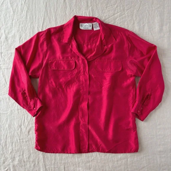 Vintage 100% silk cherry red blouse / button down shirt paper thin oversized - Picture 4 of 6